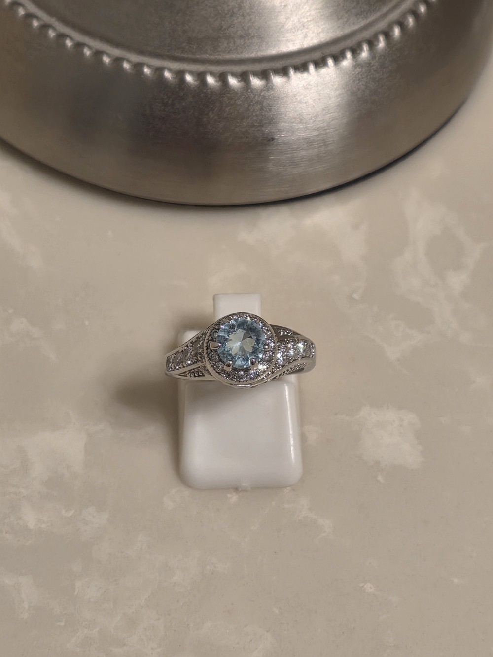 Silver CZ and Aquamarine Ring Size 6